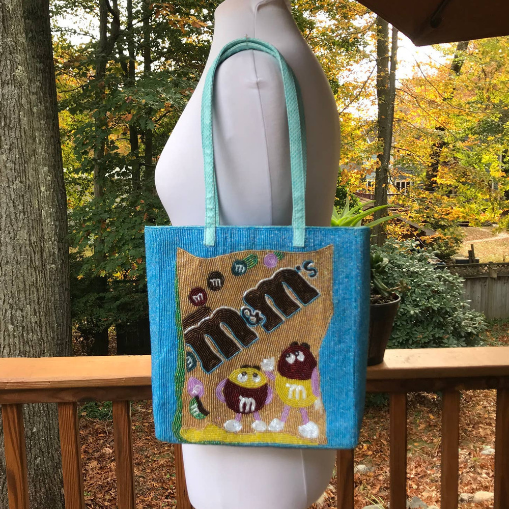 M&Ms Novelty Glass Beaded Aqua Blue Tan Funky Evening Mini Tote Bag Snakeskin